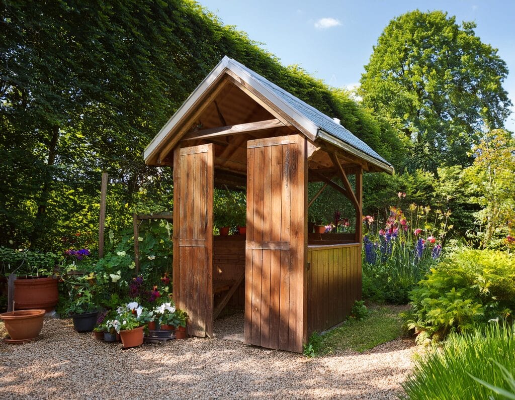 Appentis en bois au fond d'un jardin