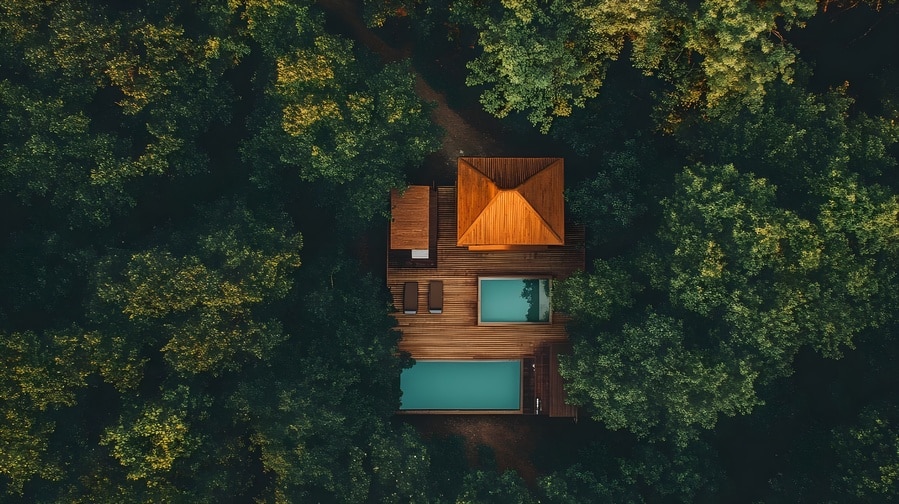 Piscine au milieu d'une forêt avec pool house