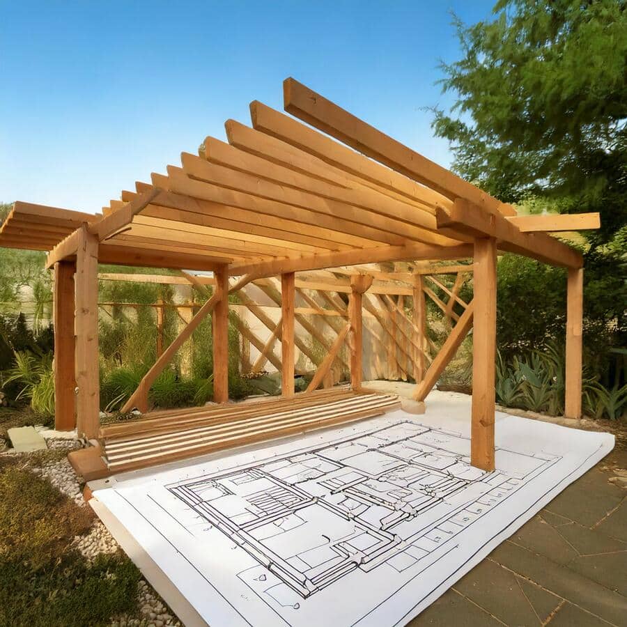 Plan d'installation sur une feuille blanche d'une pergola en bois pour aider à la poser soi-meme